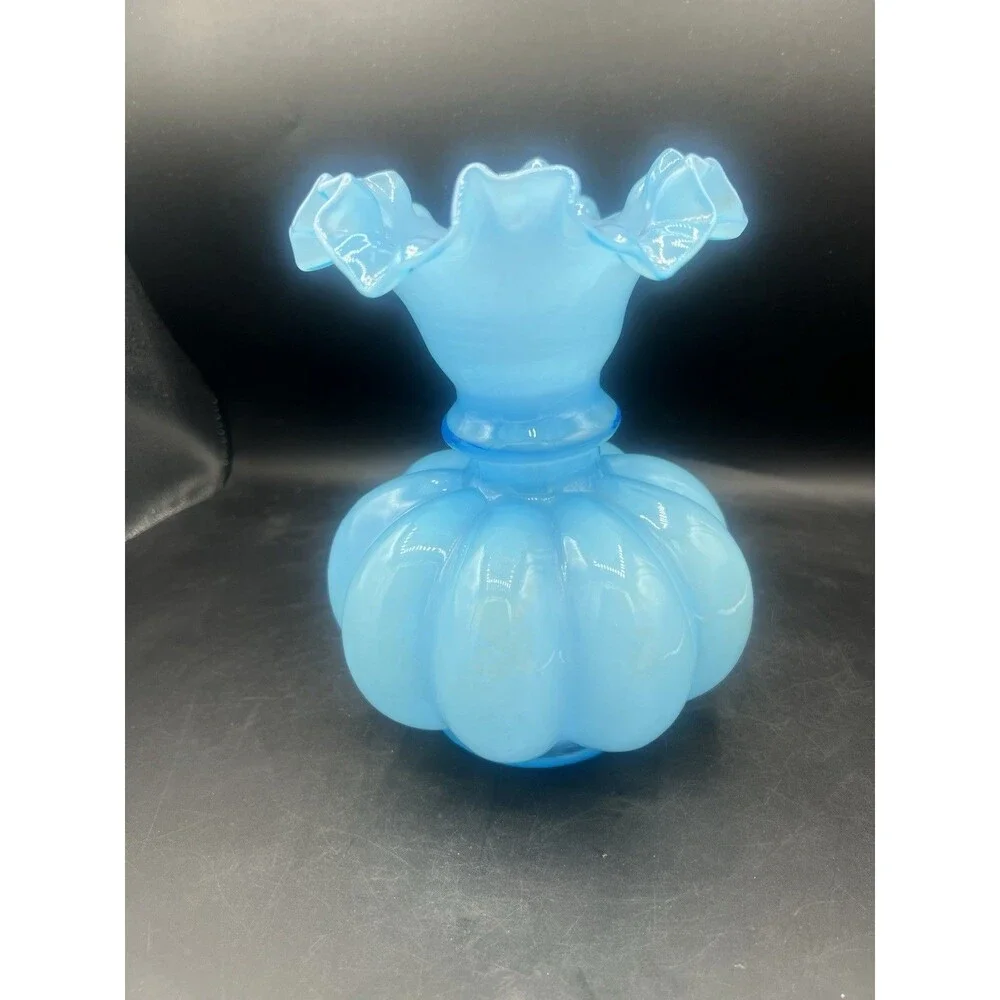 Vintage Fenton Blue Opalescent Melon Vase Ruffled Rim Mid Century Art Glass 7.75